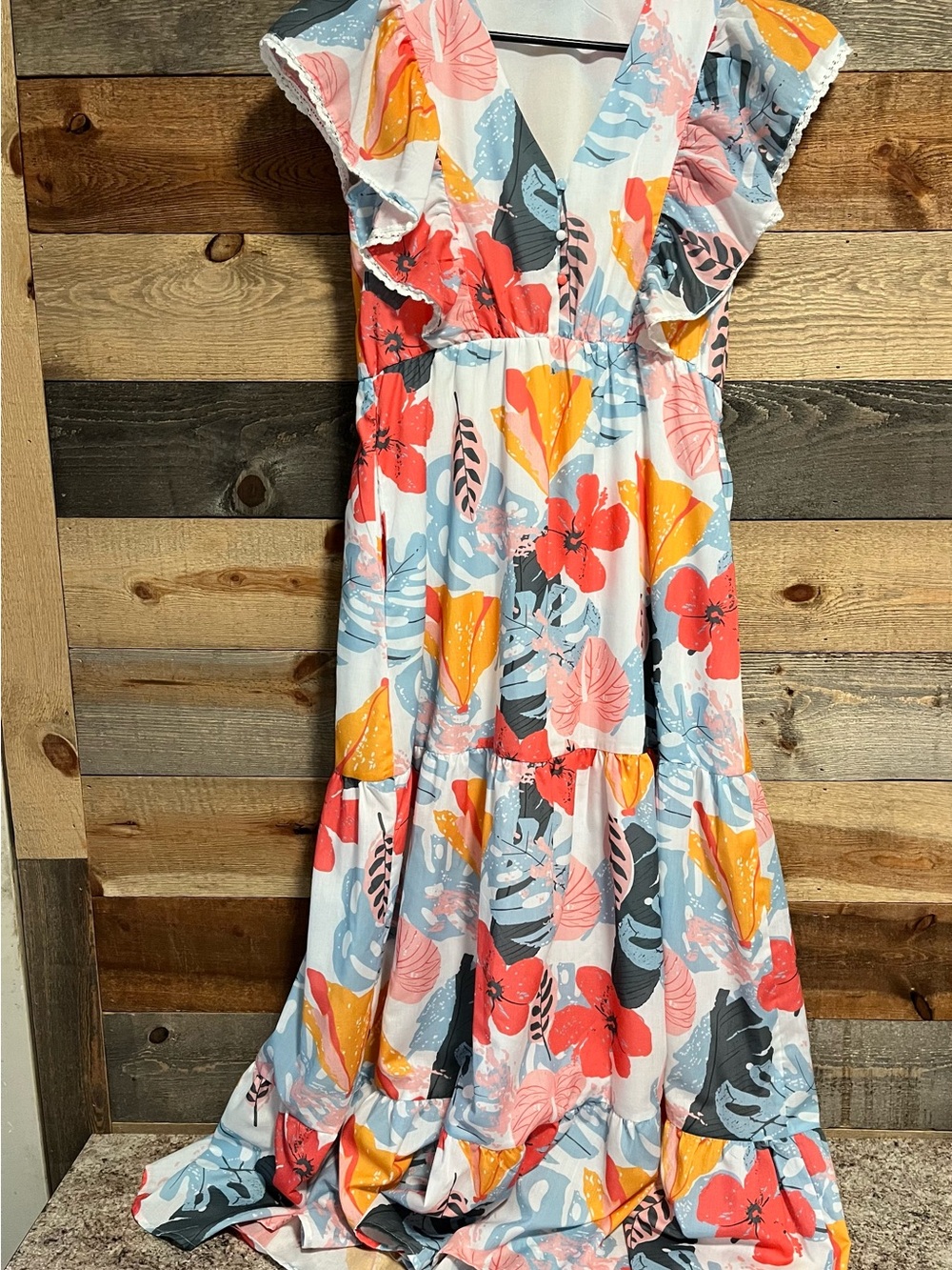 Women’s Polagram Lined Floral Tiered Maxi Dress in Coral, Yellow & Light Blue